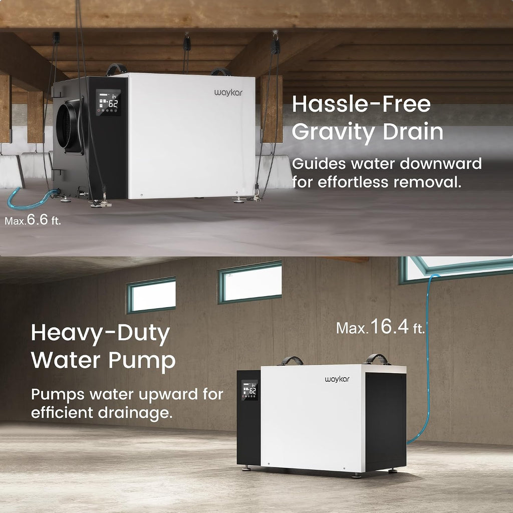 Waykar 216 Pint Crawl Space Dehumidifier with Pump & Drain Hose for Basements, Commercial & Water Damage Spaces up to 8000 Sq. Ft., Compact, Strong Dehumidification, 5-Year Quality Coverage