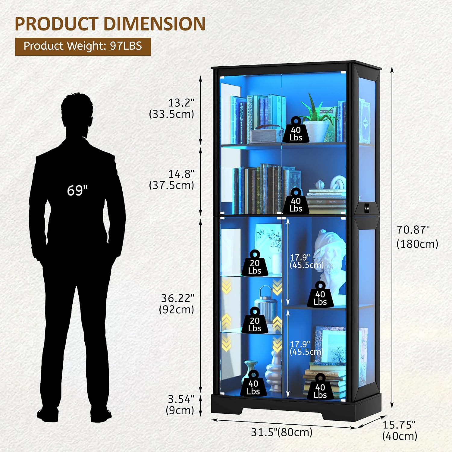Lvifur 71' Display Cabinet with Glass Doors, Modern Curio Cabinet with 3 Color Lights, 7-Tiers Glass Display Cases for Collectibles, Tall Lego Storage Cabinet with Human Body Sensor (Black)