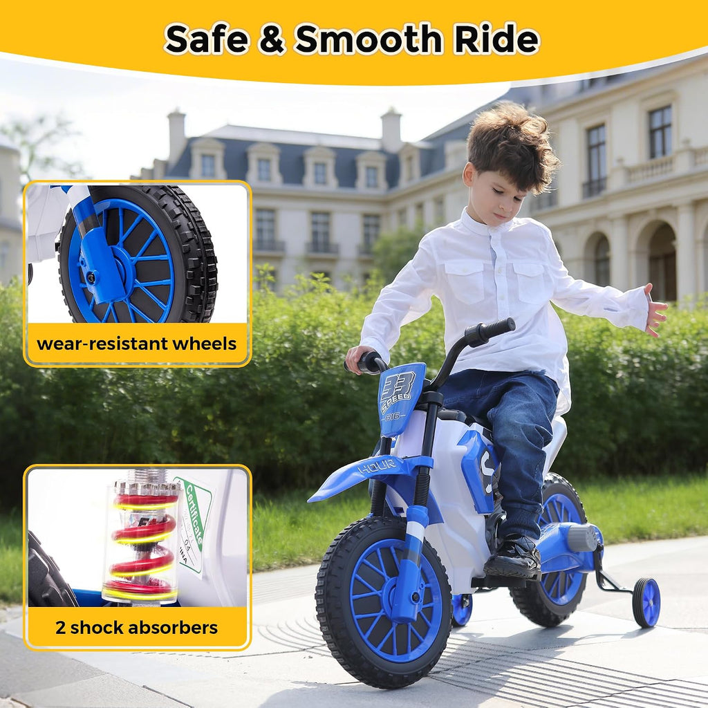 TOBBI Kids Motorcycle Dirt Bike 12V Electric Motorcycles Ride on Toys Battery Powered Motorbike Off-Road Motocross for Toddler Boys Girls 3-8 Years w/ 2 Speeds, 35W Dual Motors, Training Wheels, Blue