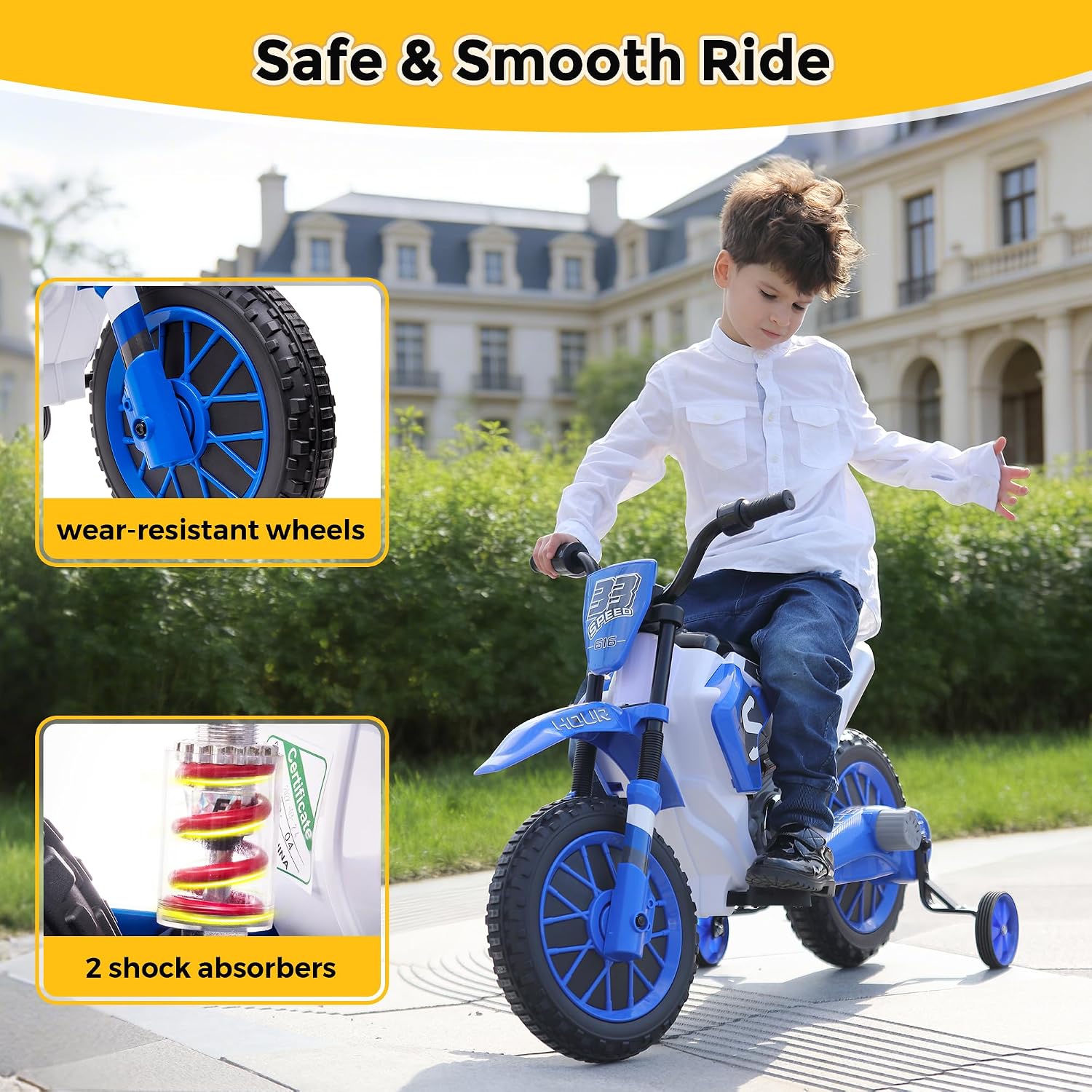TOBBI Kids Motorcycle Dirt Bike 12V Electric Motorcycles Ride on Toys Battery Powered Motorbike Off-Road Motocross for Toddler Boys Girls 3-8 Years w/ 2 Speeds, 35W Dual Motors, Training Wheels, Blue