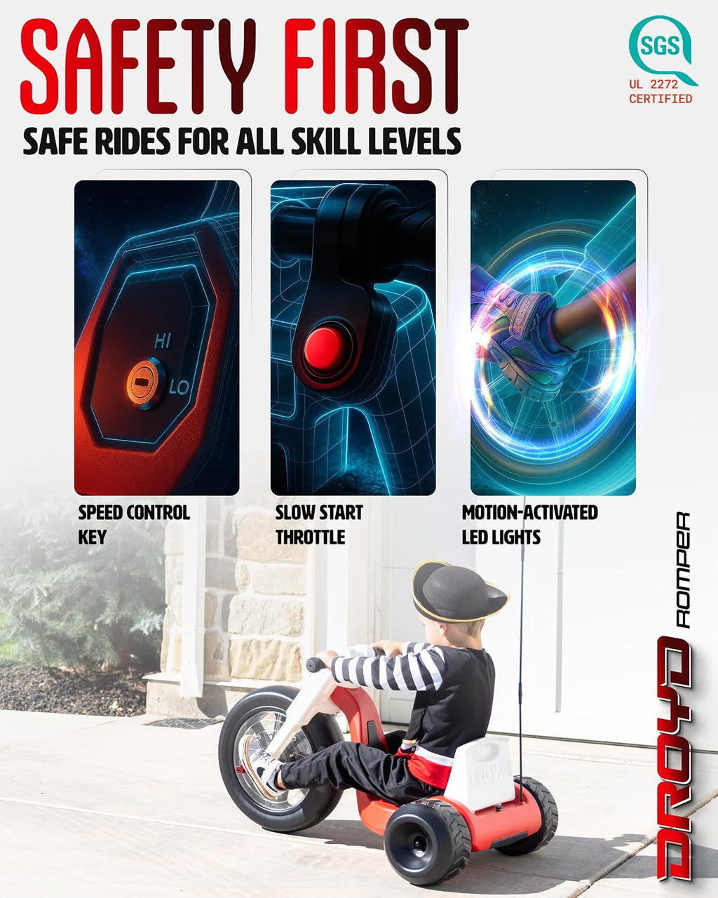 Droyd Romper Electric Tricycle for Kids 3+ Years, 24V Toy 3-6 MPH Max Speed & 45 Mins Max Long Lasting, Parental Speed Control Safe Trike with Adjustable Seat & LED Lights for Kids Gifts