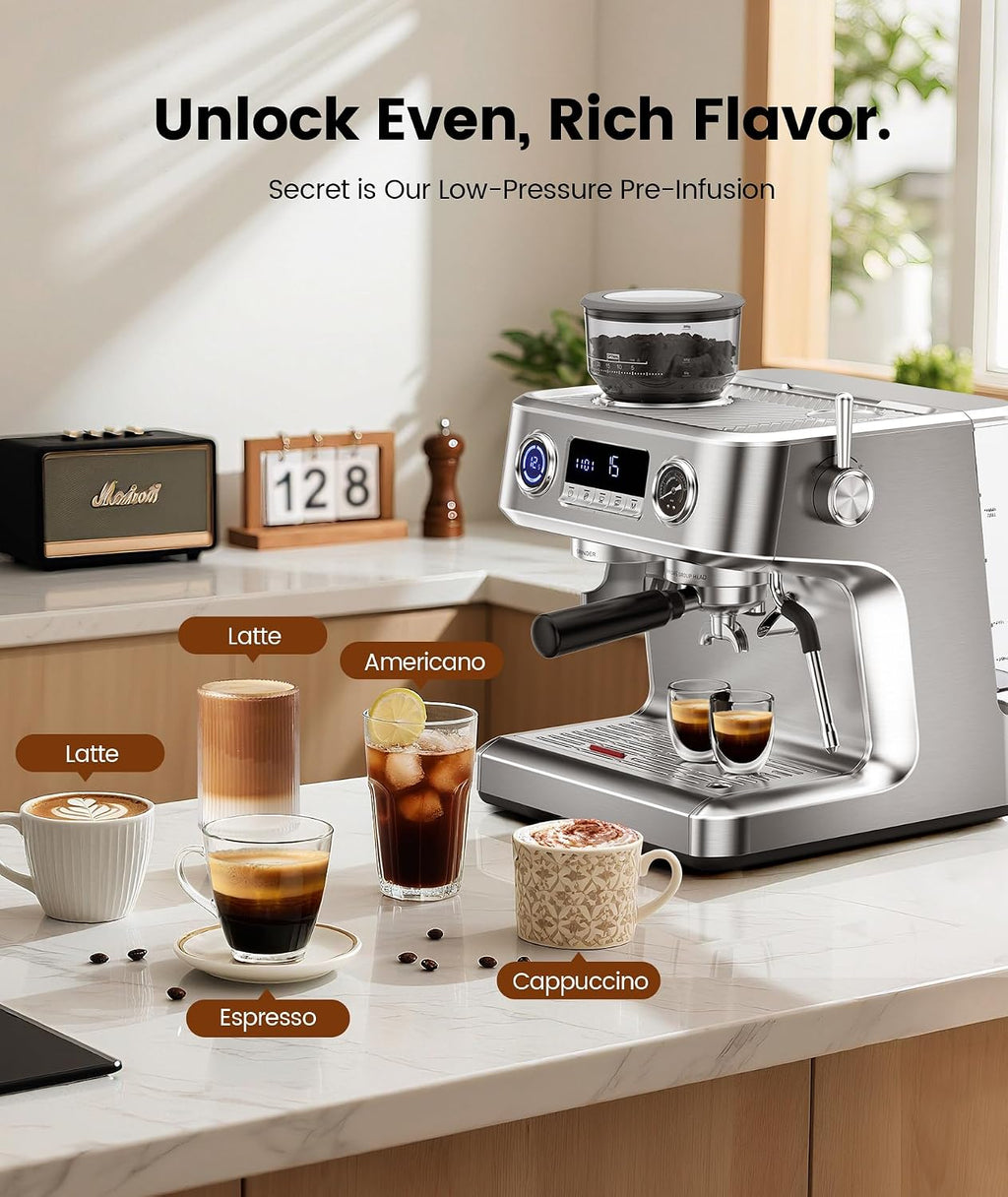 COWSAR Dual Boiler Espresso Machine with Grinder, 20 Bar Espresso Machines with Milk Frother, Espresso Maker with Removable Water Tank, Commercial Expresso Coffee Machines, Brushed Stainless Steel