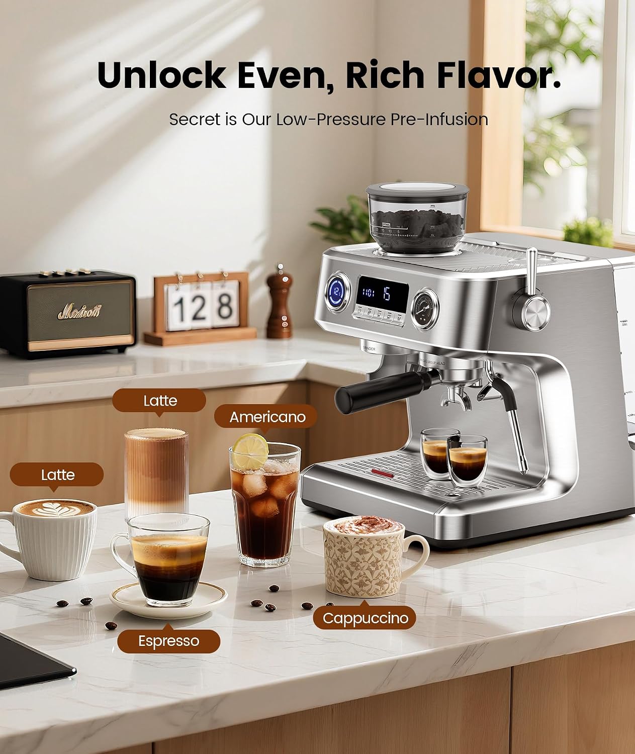COWSAR Dual Boiler Espresso Machine with Grinder, 20 Bar Espresso Machines with Milk Frother, Espresso Maker with Removable Water Tank, Commercial Expresso Coffee Machines, Brushed Stainless Steel