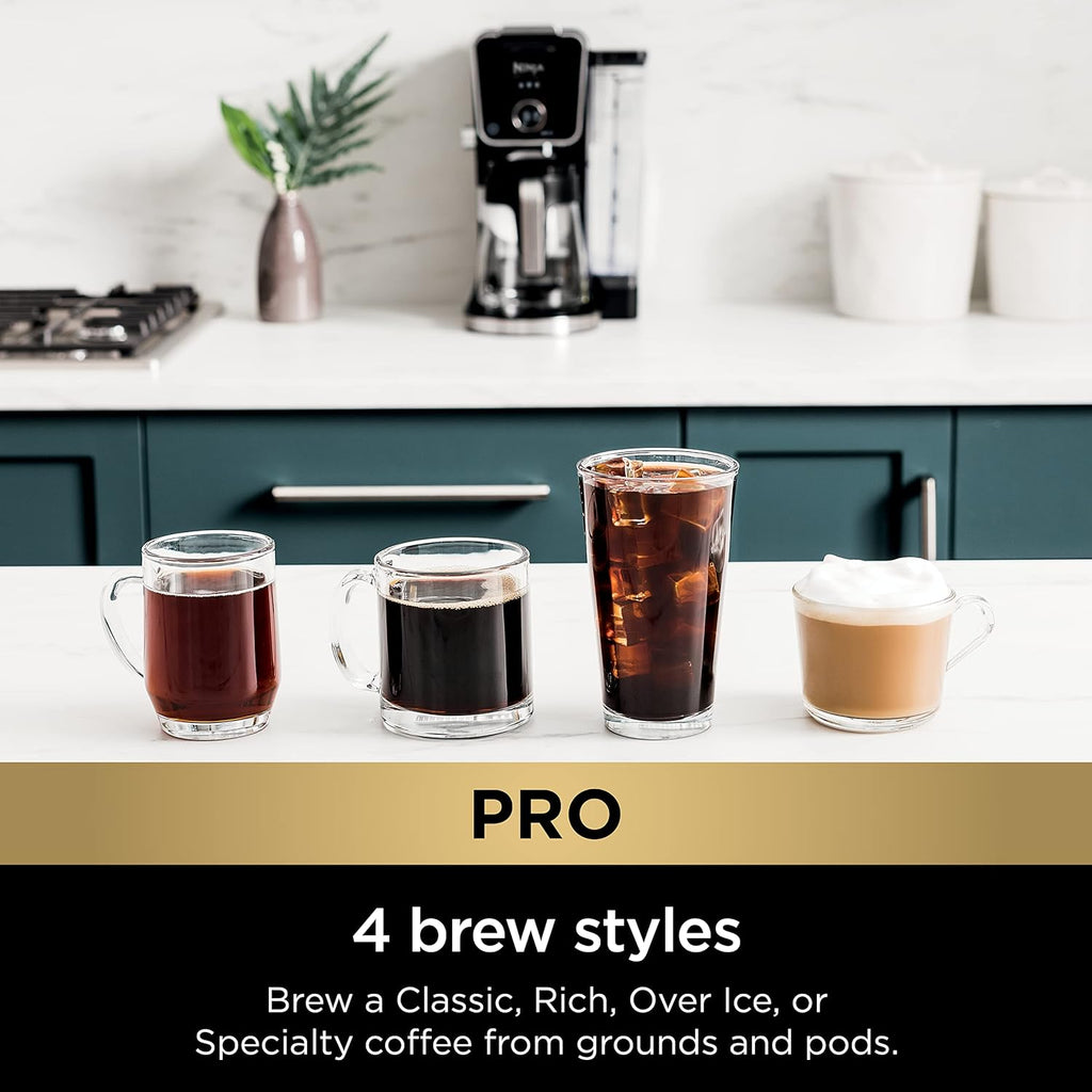 Ninja Specialty Drip Coffee Maker | DualBrewTM Pro Specialty Coffee Machine w/Frother, Permanent Filter | Brew w/Pods & Grounds, K Cups Compatible | 4 Brew Styles, 13 Cup to Pot Sizes | Black CFP307