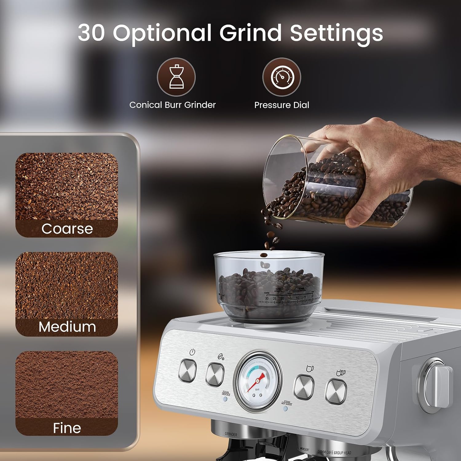 Electactic Espresso Machine with Built-in Grinder, Professional 20 Bar Cappuccino & Latte Machines with Milk Frother, 3-in-1 Stainless Steel Espresso Coffee Maker for Home, Office or Cafe