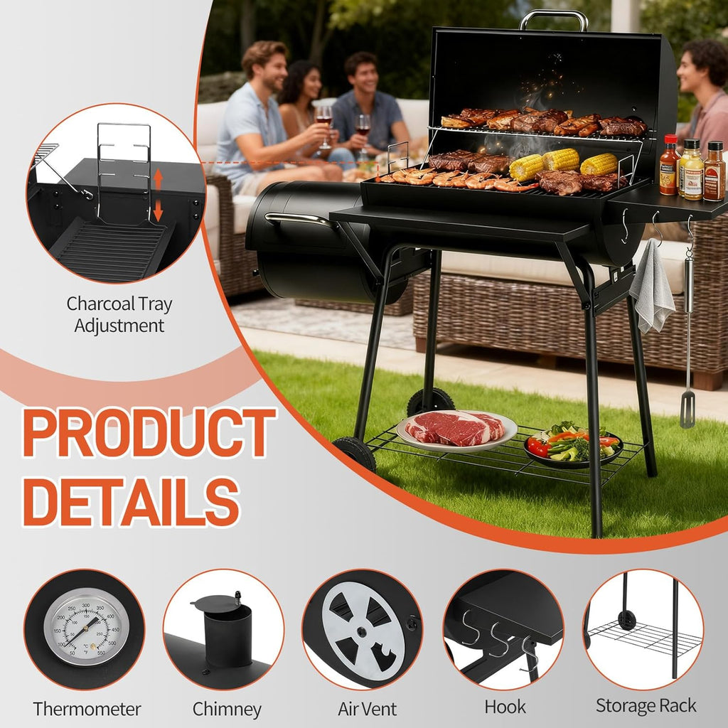 VINGLI Barrel Charcoal Grill with Offset Smoker, Built-in Lifting Carbon Mesh, Large Charcoal Barbecue Smoker Grill Combo for Outdoor Backyard Patio Camping Parties 52 × 20 × 44 inch