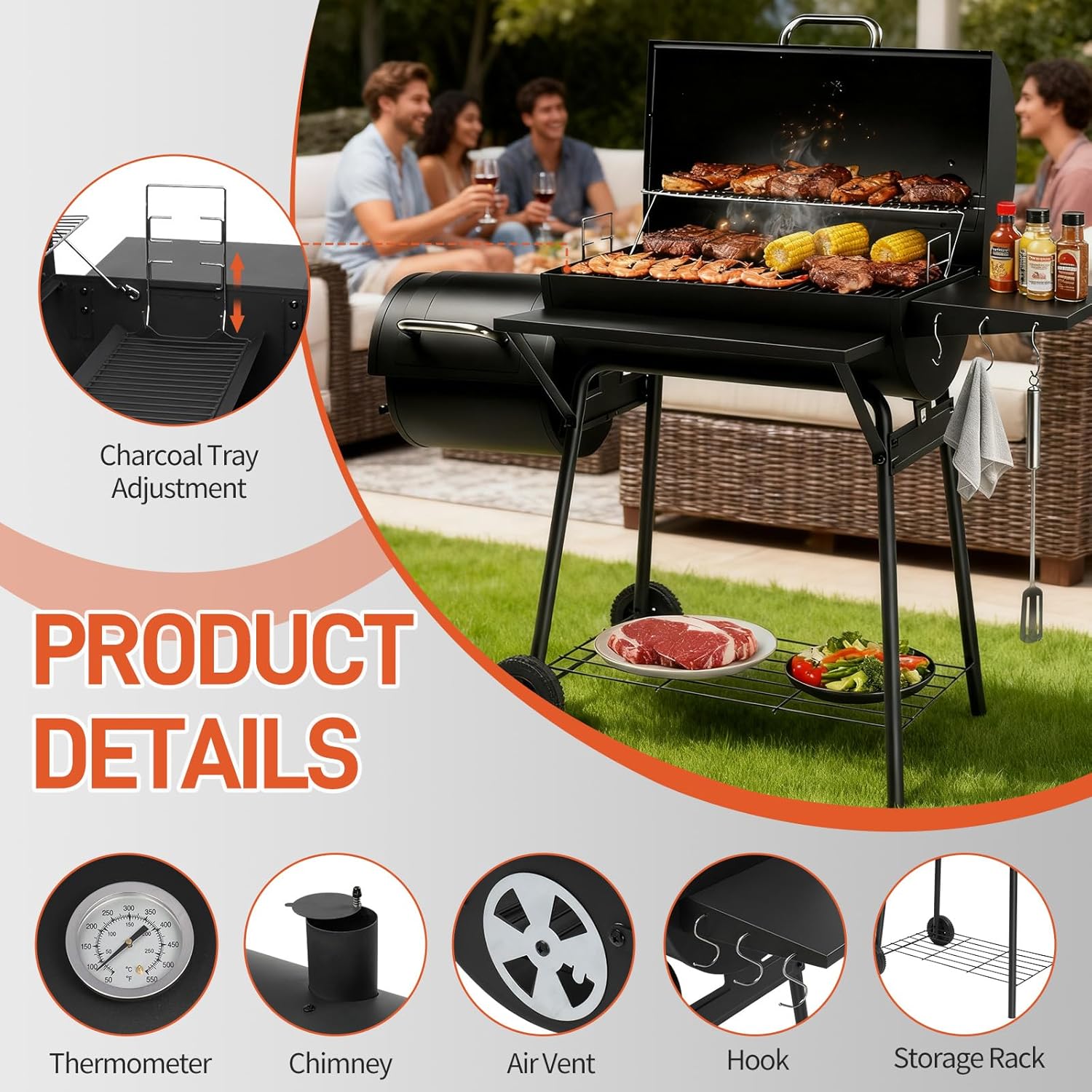 VINGLI Barrel Charcoal Grill with Offset Smoker, Built-in Lifting Carbon Mesh, Large Charcoal Barbecue Smoker Grill Combo for Outdoor Backyard Patio Camping Parties 52 × 20 × 44 inch