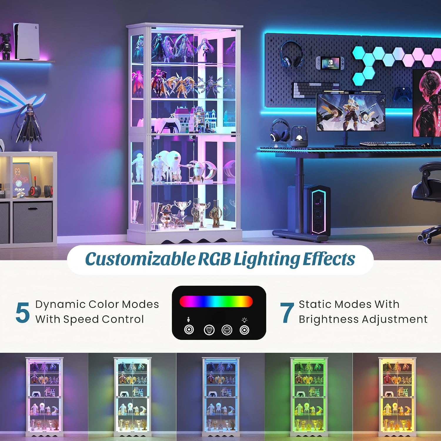 Dystler Display Cabinet with Glass Doors, 71'' Tall Curio Cabinet with RGB Lights for Collectibles, LED Display Case with Removable Shelf for Book/Medal/Figure, White