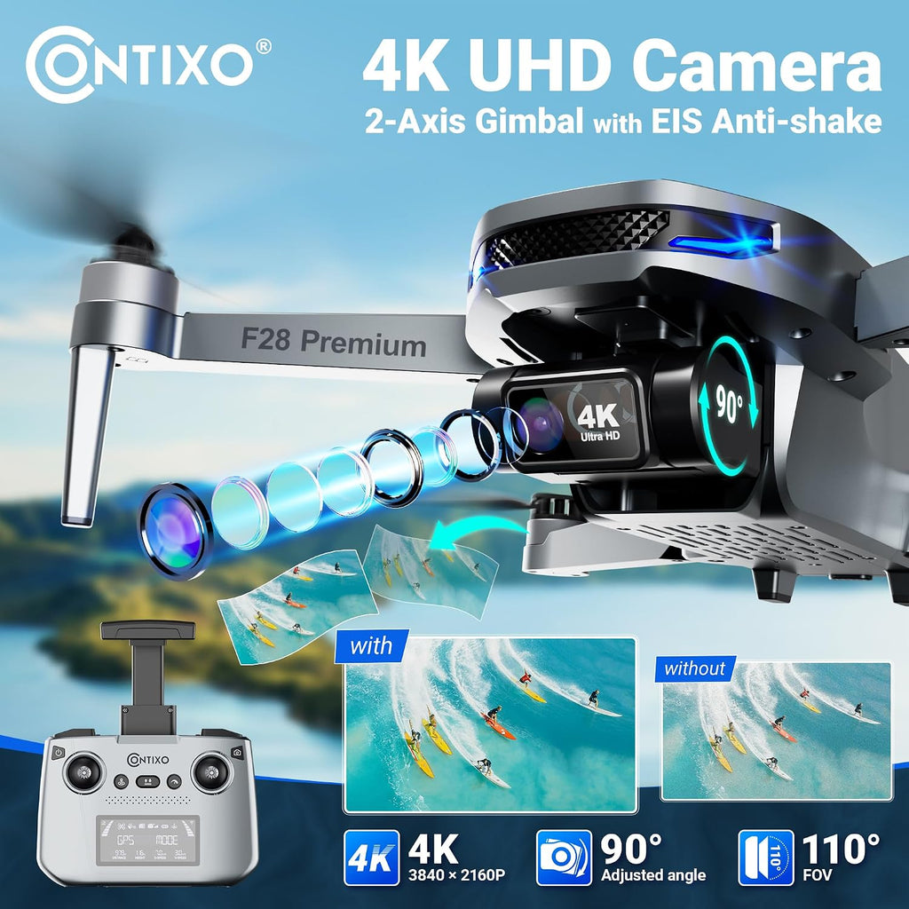 Contixo F28 Premium Two-Axis Gimbal Drone for Adults, 4K Zoom Camera, Brushless Motor, 23 Min Flight, Accurate GPS, Auto Return, Follow Me, 110° Wide-Angle FPV, Portable Foldable Drone for Beginners