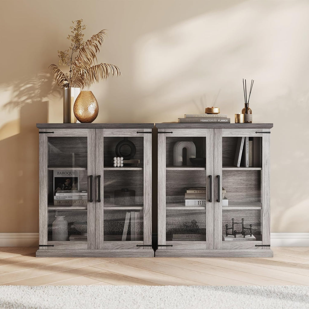 BELLEZE Set of 2 Glass Display Cabinet, 36' Tall Cabinet with Shelves and Glass Doors for Entryway, Living Room, Hallway, or Kitchen - Ashford (Gray Wash)