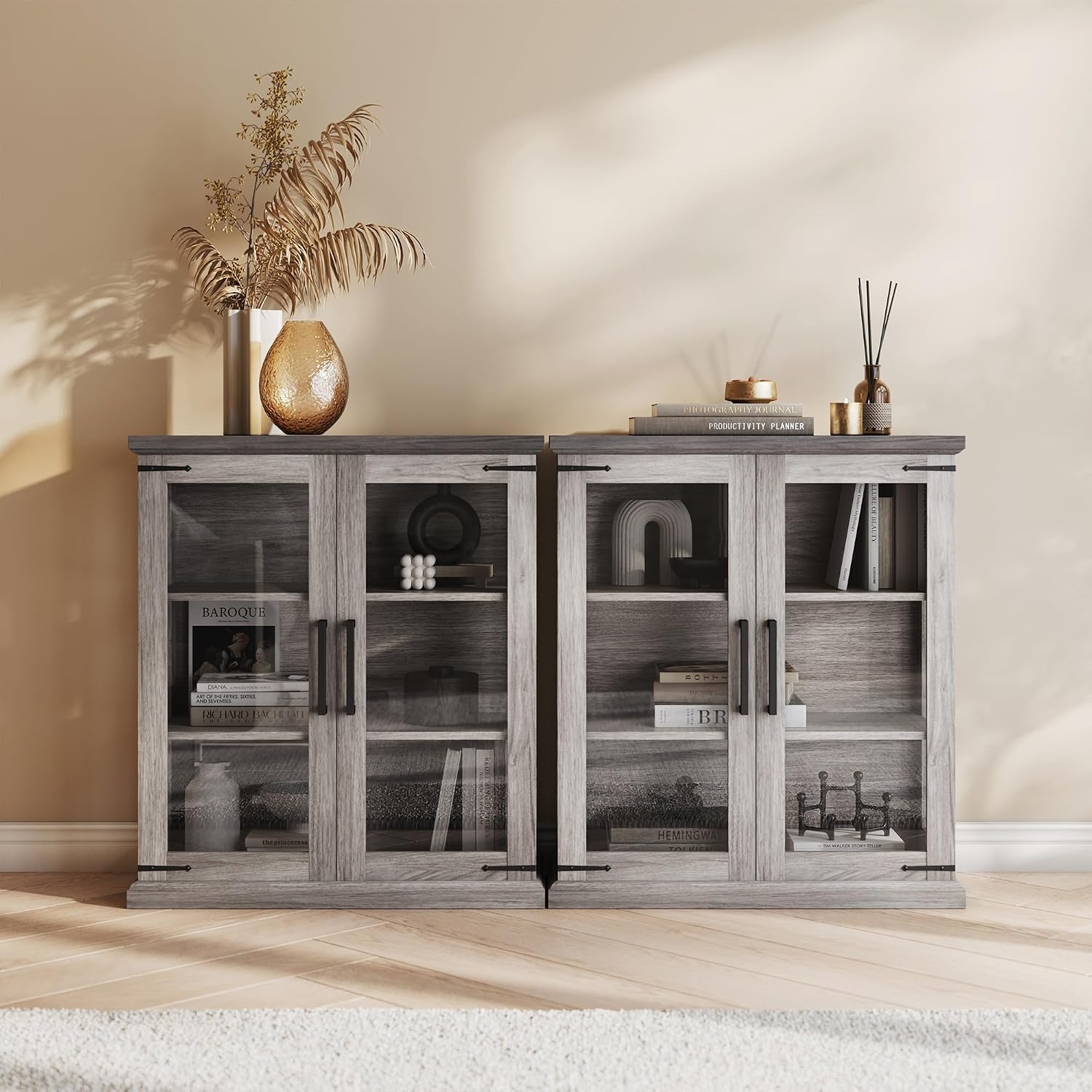 BELLEZE Set of 2 Glass Display Cabinet, 36' Tall Cabinet with Shelves and Glass Doors for Entryway, Living Room, Hallway, or Kitchen - Ashford (Gray Wash)