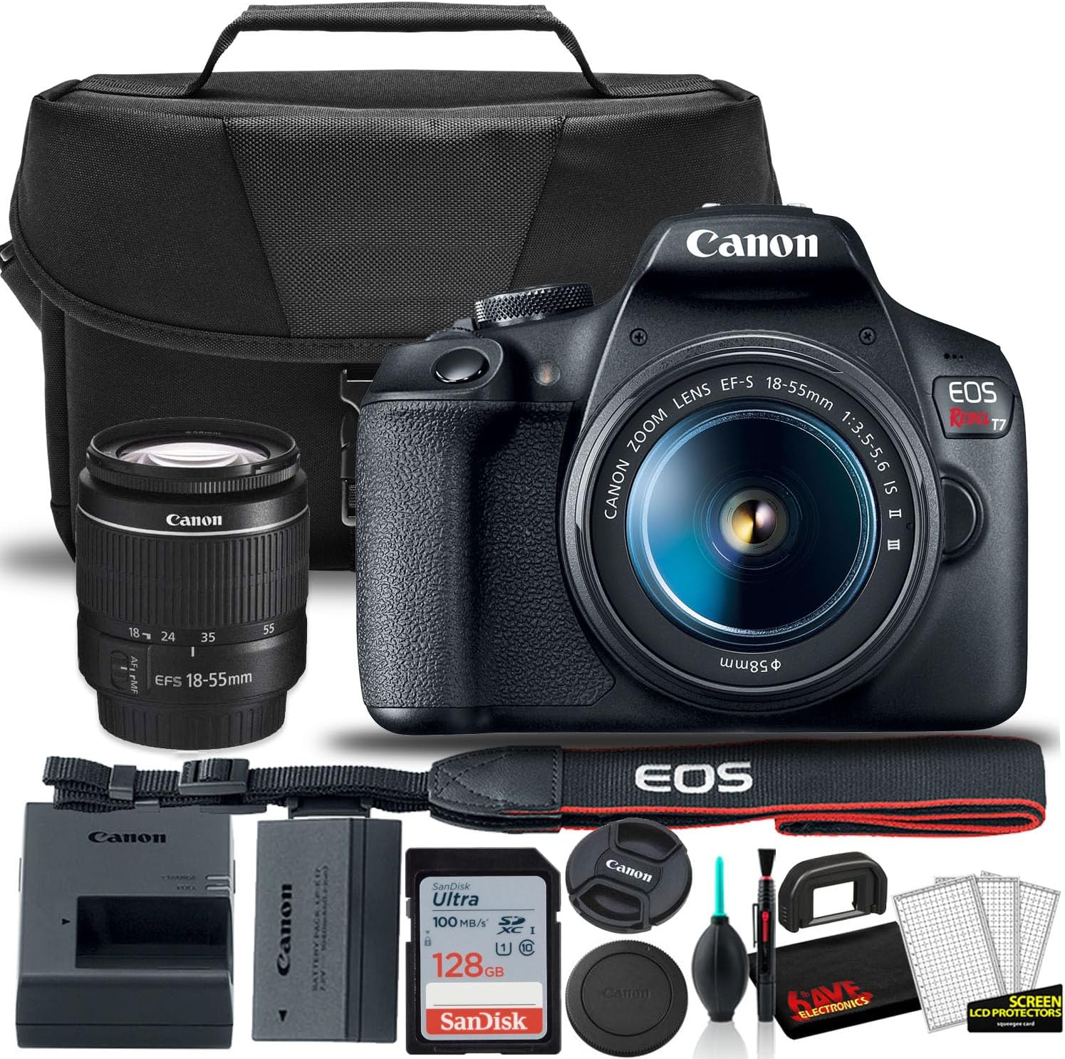Canon EOS Rebel T7 DSLR Camera with 18-55mm Lens Starter Bundle + Includes: EOS Bag + Ultra 128GB Card + Clean and Care Kit + More