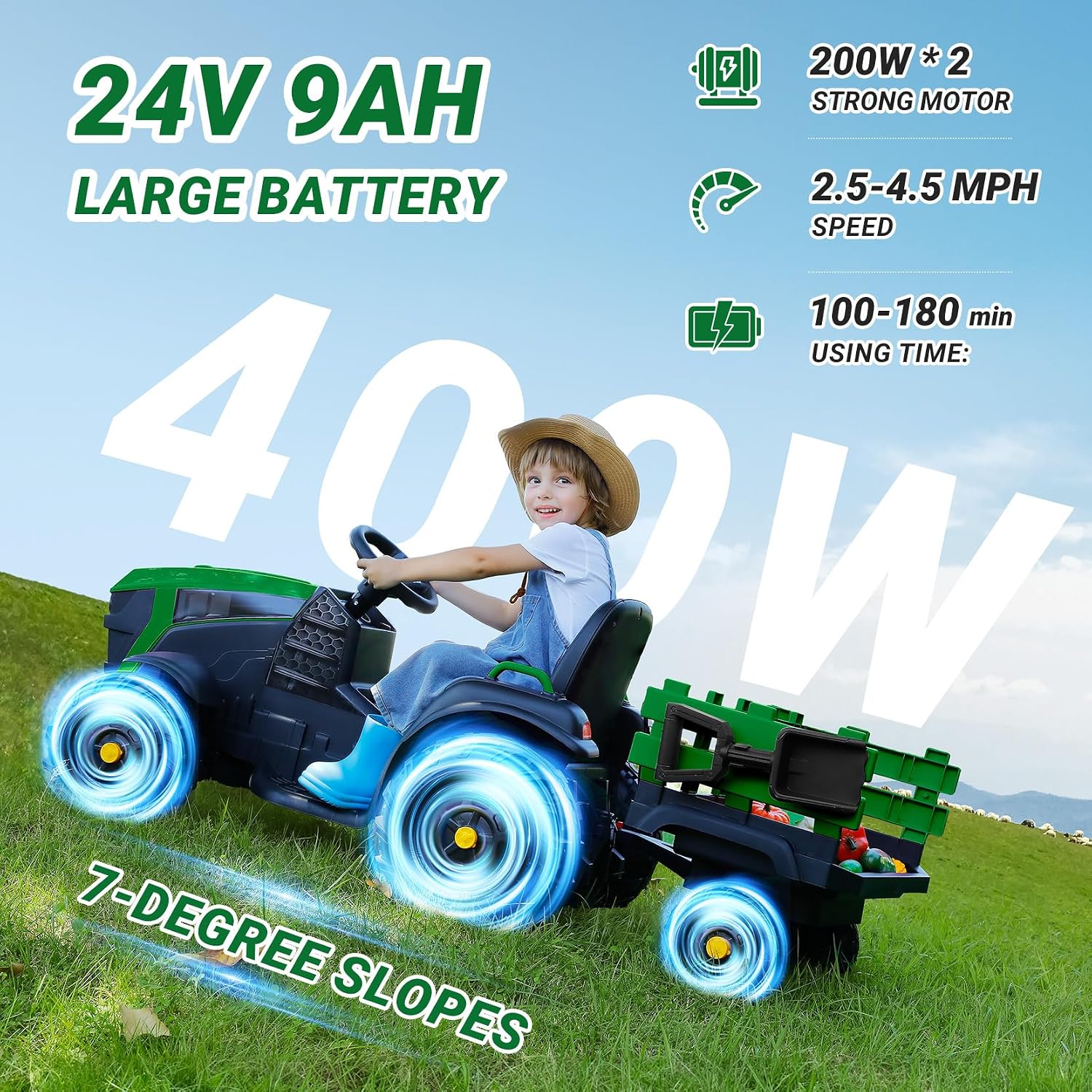 ELEMARA 24V 9AH Ride on Tractor with Easy Detachable Trailer, 400W Motors Electric Tractor Toy for Big Kids, All-Terrain Capability, Safety Design with 3-Point Seat Belt for Ages 3+, Green