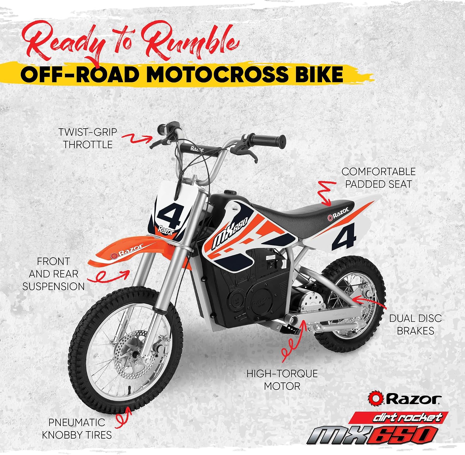 Razor MX650 Dirt Rocket Bike Electric Ride-On for Ages 16+, 220 lb Max Weight, Orange – 36V Battery, Up to 17 Mph, 40-Min Run Time, Twist-Grip Throttle, 16' Front and 14' Rear Pneumatic Tires