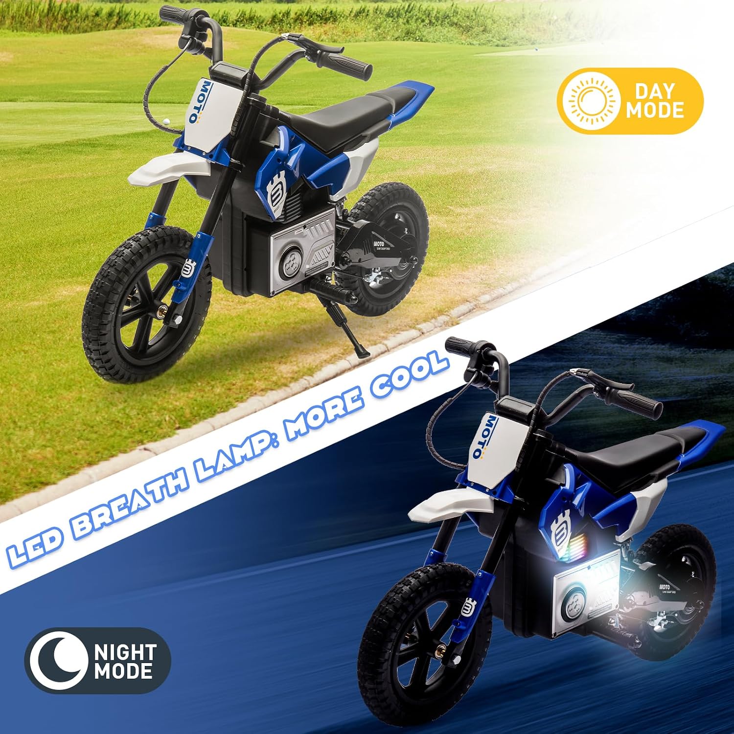 WEEROCK 24V Kids Electric Dirt Bike for 5-15 Years Old, 200W Ride on E-Motorcycle 3.11-9.32MPH Speed, Rear Shock Absorber, LED Breath Lamp, Bluetooth for Boys Girls Children Electria Toy Gift, Blue