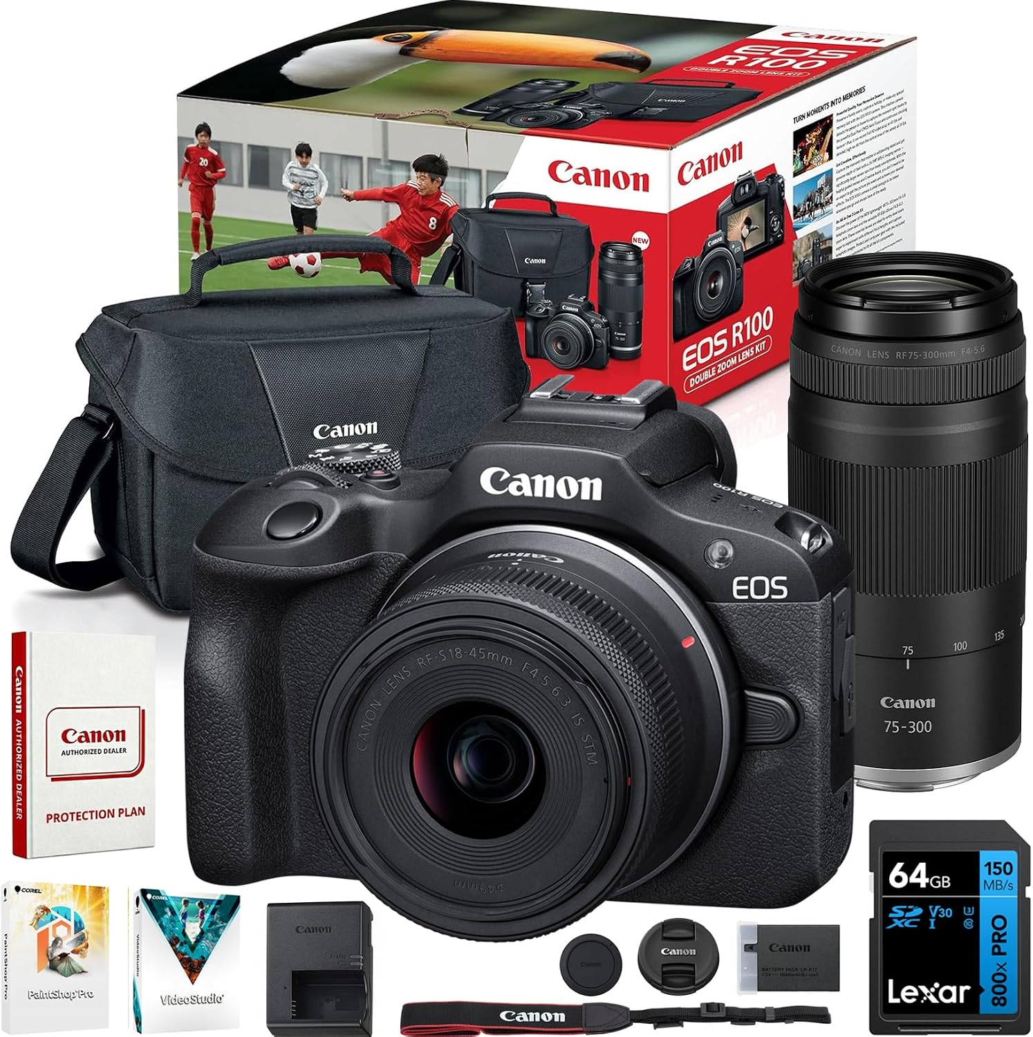 Canon EOS R100 Mirrorless Camera Two Lens Bundle 24.1MP 4K APS-C Beginner Camera Kit with RF-S 18-45mm + RF 75-300mm Lenses, 64GB Memory Card & Photo Editing Software