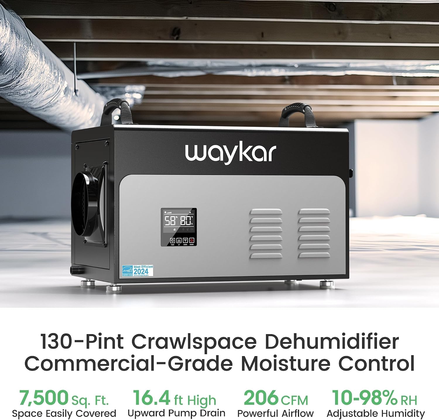 Waykar 130 Pints Energy Star Most Efficient Commercial Dehumidifier with Pump and Drain Hose for Crawl Spaces, Basements, Ducted Industrial Use, and Water Damage Unit - 5-Year Quality Coverage