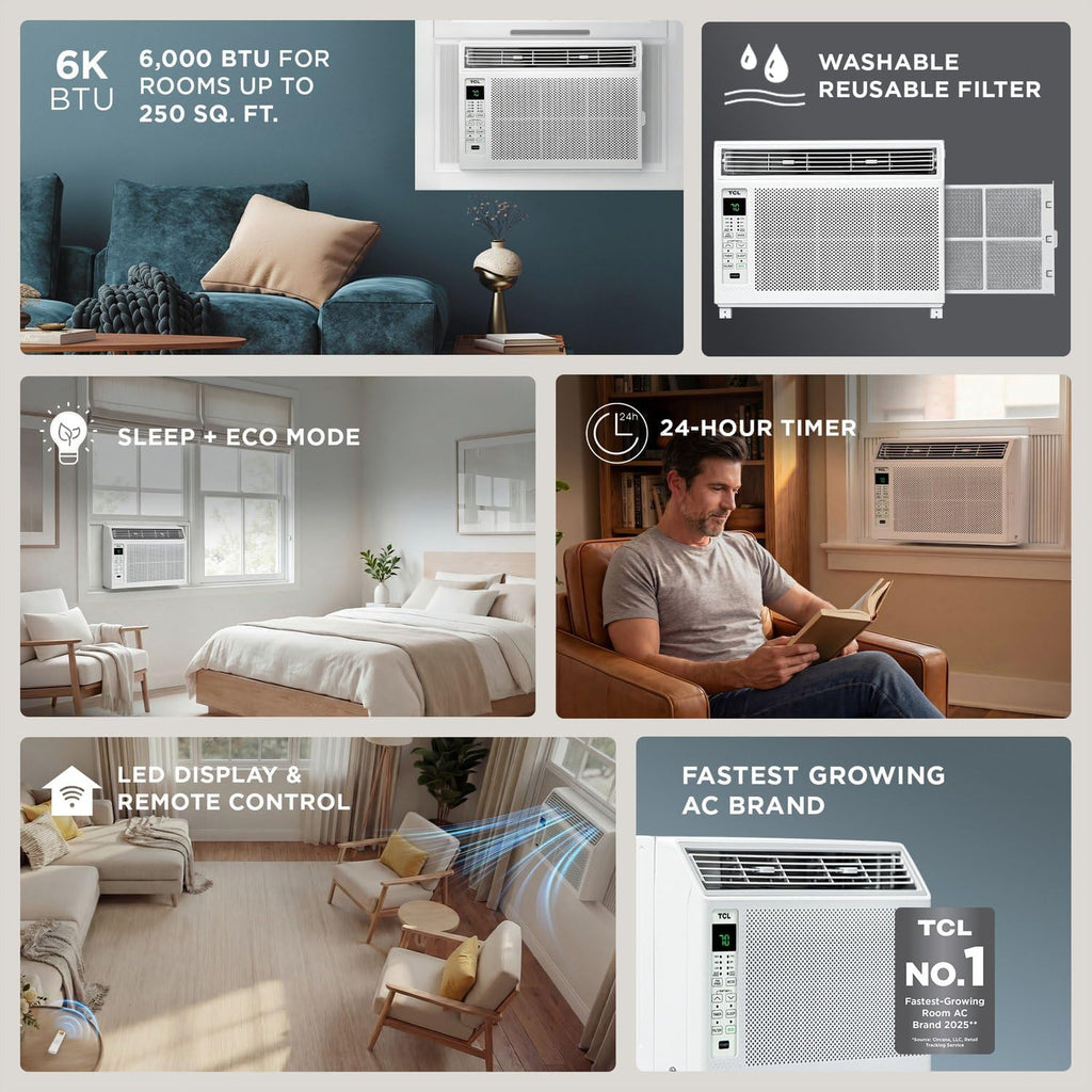 TCL 6,000 BTU Window Air Conditioner, Fan & Dehumidifier, 250 Sq. Ft., Remote Control, Easy-to-Use, Reusable Filter - H6W23W