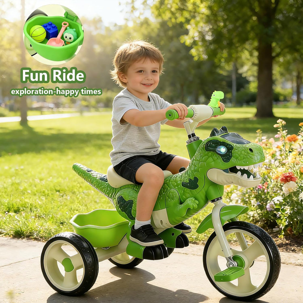 NMM Dinosaur Tricycle for Toddlers, Kids Trike with Music, LED, Tricycles for 3-5 Year Olds, for Rider, Big Wheel, Storage Basket, Horn, Toddler Bike for Boy, Dinosaur Toys for Kids 2-4 4-7