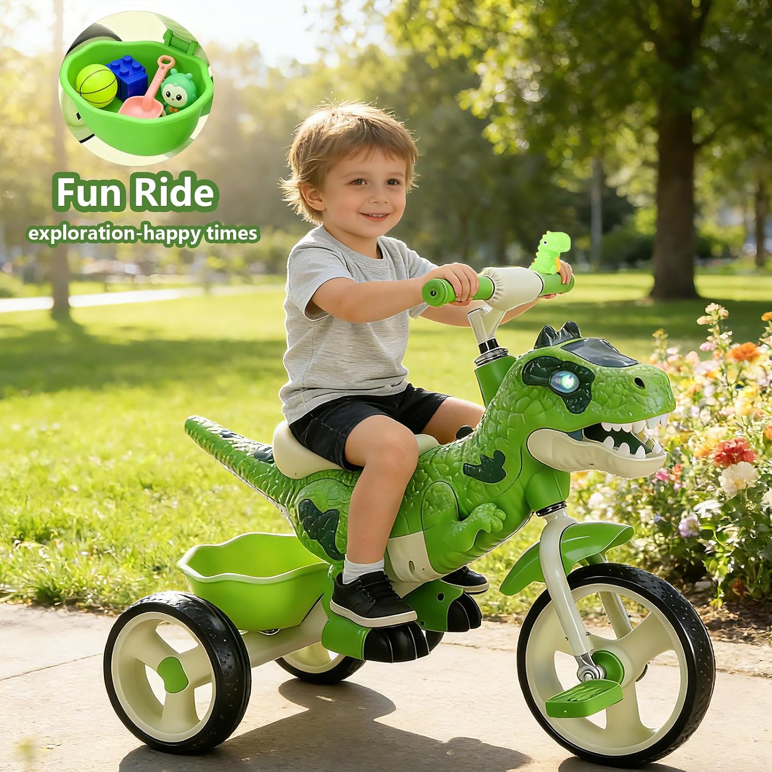 NMM Dinosaur Tricycle for Toddlers, Kids Trike with Music, LED, Tricycles for 3-5 Year Olds, for Rider, Big Wheel, Storage Basket, Horn, Toddler Bike for Boy, Dinosaur Toys for Kids 2-4 4-7
