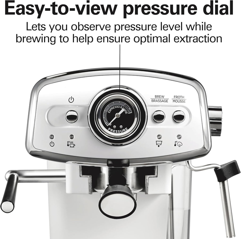 Hamilton Beach Slide & Lock Espresso Machine With Milk Frother Steam Wand For Cappuccino & Latte, 15 Bar Pump and Two Spouts, Removable Reservoir, Compact, Retro Design, White (40731)