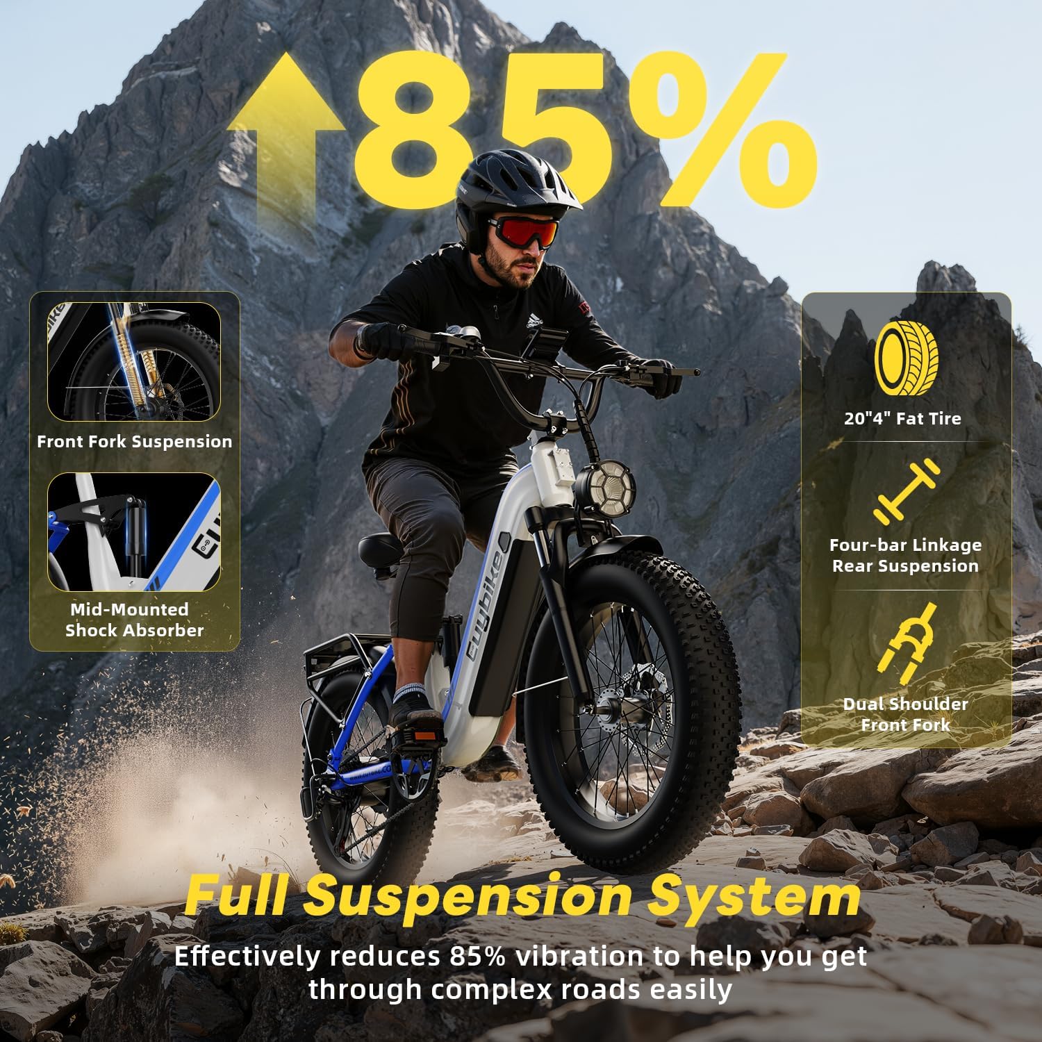 EUYBIKE Electric Bike for Adults 1400W Peak, 48V 20AH(960WH) Removable Battery, 20'x4' Fat Tire Full Suspension 80 Miles Range Step-Thru Hunting Ebike, 7-Speed Dual Brakes Electric Bicycle