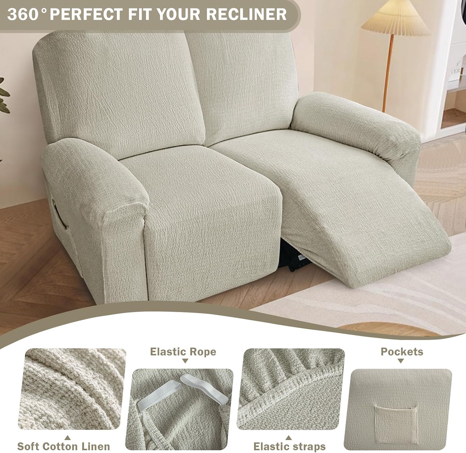 vctops 6 Pieces Cotton Linen Recliner Loveseat Slipcovers Rustic Stretch Soft Sofa Couch Cover Anti-Slip Furniture Protector with Elastic Bottom for Kids Cats Dogs (Beige Grey,2 Seat)