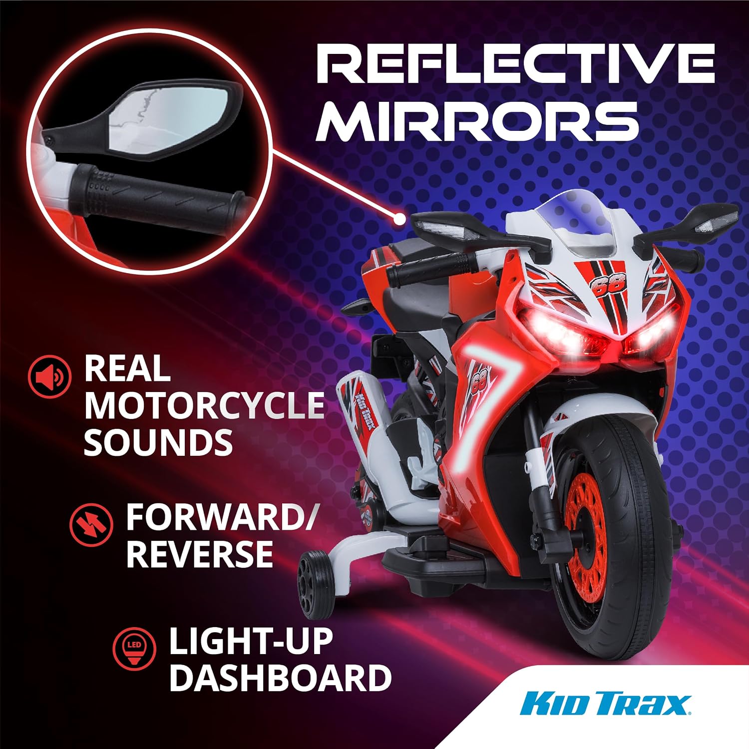 Kid Trax 6V Glow Electric Toddler Kids Motorcycle - Toddler Bike, Indoor/Outdoor Toys, Durable, LED Headlights and Body Light, Realistc Sounds, Kids Ride On Toys, Max Weight 65lbs, Ages 3+, RED