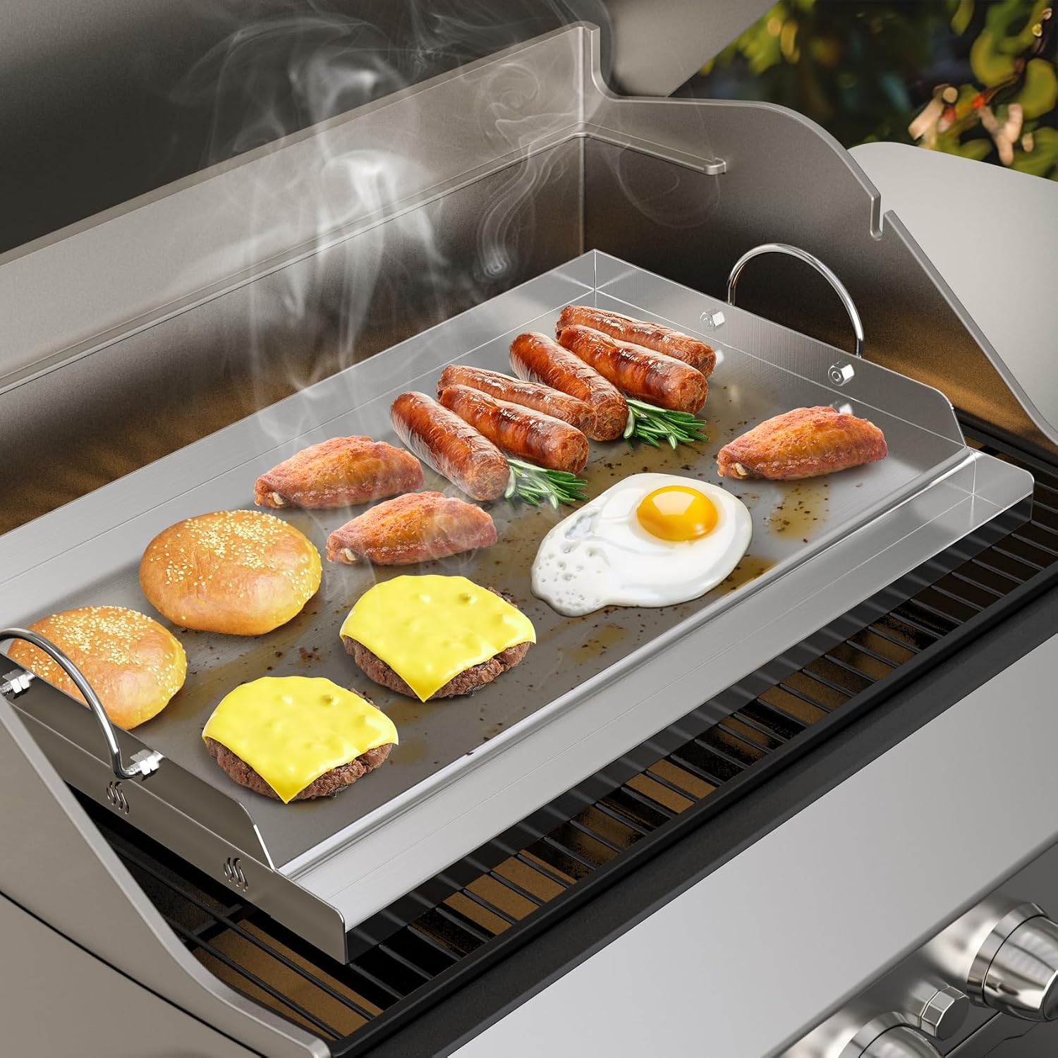 onlyfire Stainless Steel BBQ Griddle, Outdoor Flat Top Griddle Pan with Grease Groove and Handles for Gas and Charcoal Grills, 25'x16'