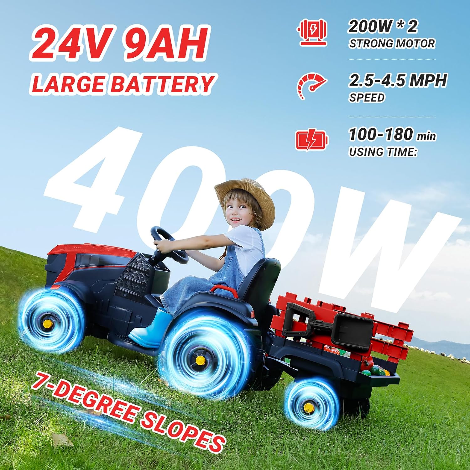 ELEMARA 24V 9AH Ride on Tractor Toys for Big Kids with Easy Detachable Trailer, 400W Electric Vehicles car, All-Terrain Capability, 3 Point Seat Belt for Ages 3+, Max 4.5 mph, Music, Deep Red