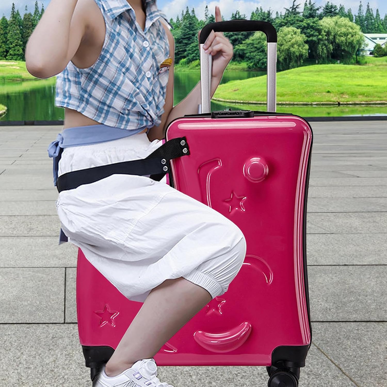 Kids Ride on Luggage - 47x20x57cm Children's Travel Suitcase with 3 Digit Lock, Carry on Trolley Case with Seat Belt, Retractable Handle, Quiet Wheels | Ride Suitcase for Airports, Travel Gear