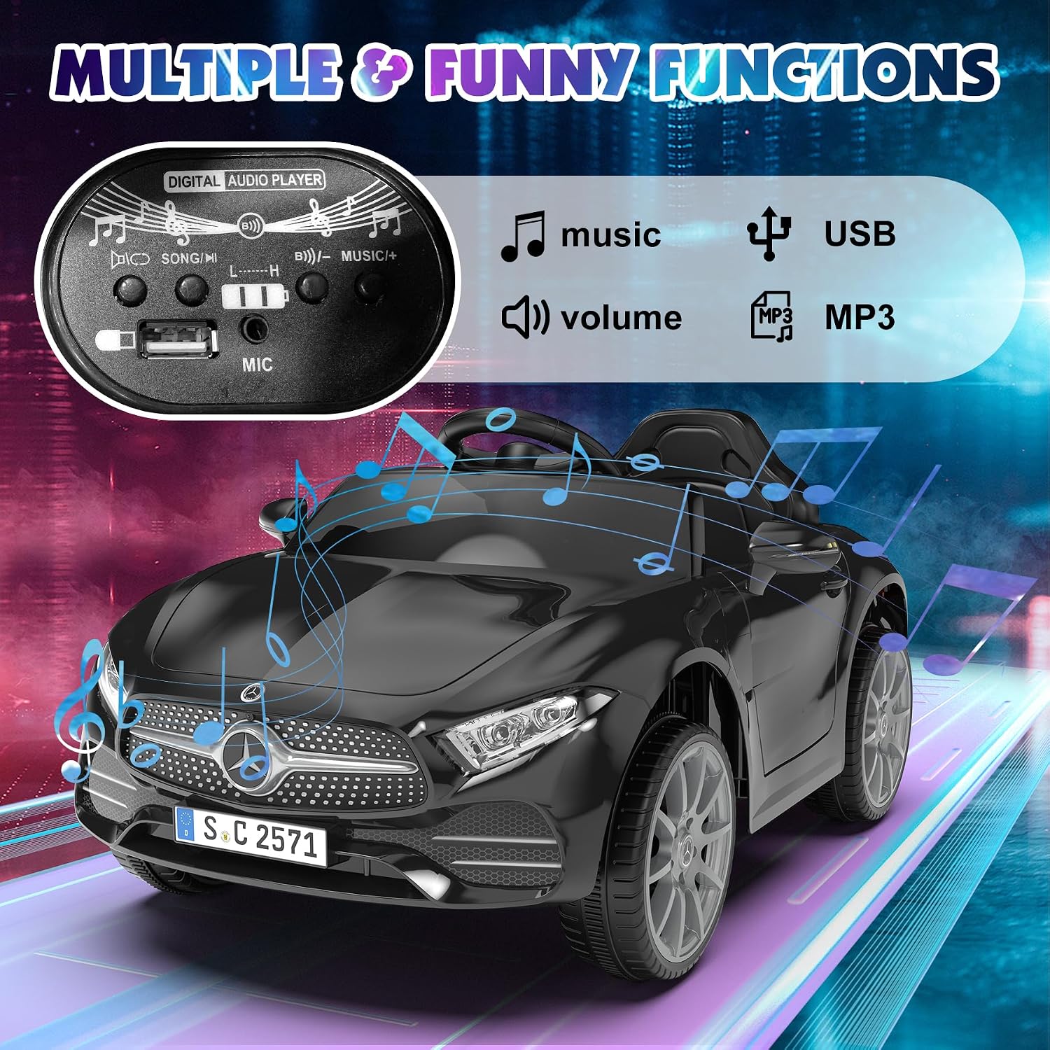 12V Kids Ride On Car with 2.4G Remote Control,Battery Powered Electric Car Ride On Vehicle Double Doors, Safety Belt,LED Light (SC-Black)