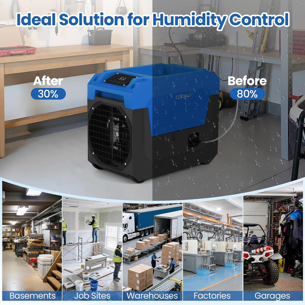 COSTWAY 140 Pints Commercial Dehumidifier with Pump, Portable Industrial Dehumidifier with Drain Hose for Basements, Job Sites, Water Damage Restoration (Blue)