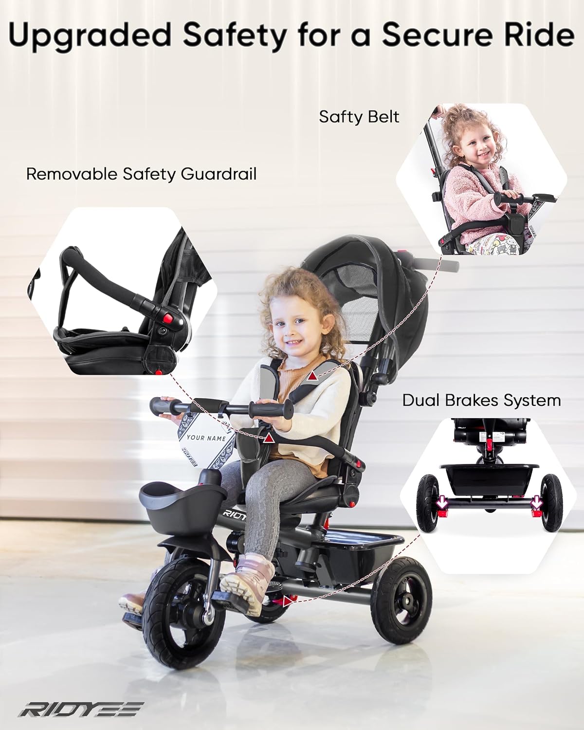 RIDYEE 7-in-1 Tricycle for 18 Months to 5 Years, All-Terrain Rubber Tires, Dual Wheel Brakes, Rotatable Seat for Toddlers 1.5-3, Tricycle for 3-5 Years with DIY Stickers, Grey