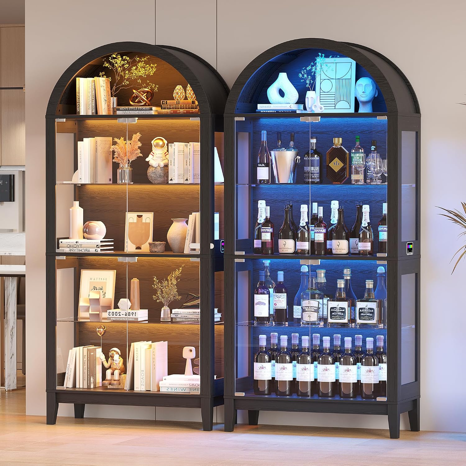 Lvifur Display Cabinet with - Glass Doors,Arched Curio Cabinet with RGB Lights for Collectibles,5-Tiers Tall Display Case with Human Sensor,Showcase Cabinet with Glass Shelf for Living Room (Black)