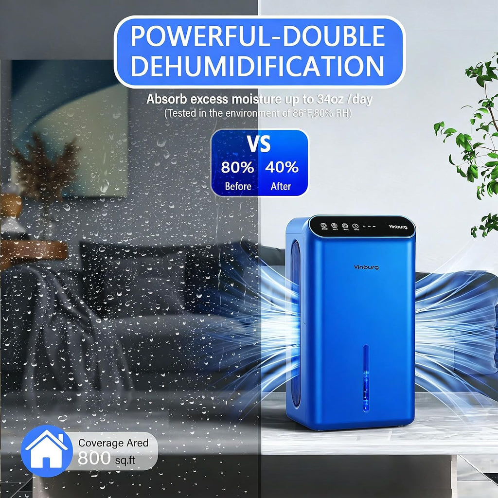 Dehumidifier for Home 1000 sq.ft - Small Quiet Dehumidifier with Auto Shut Off, Aromatherapy, 3 Gear Timer, Sleep Mode, 7-Color LED Light, Drain Hose for Bedroom, Bathroom, Basement, RV(Blue)