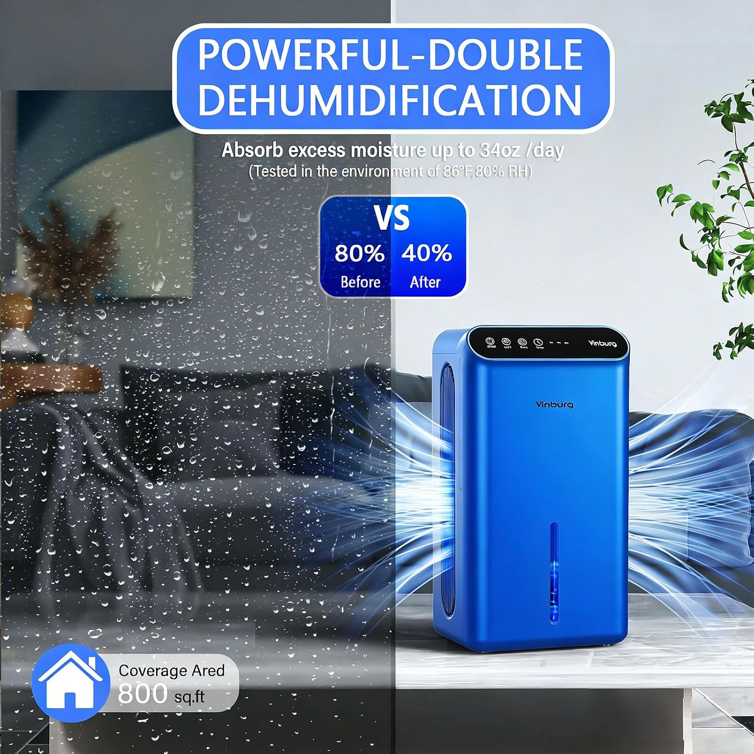 Dehumidifier for Home 1000 sq.ft - Small Quiet Dehumidifier with Auto Shut Off, Aromatherapy, 3 Gear Timer, Sleep Mode, 7-Color LED Light, Drain Hose for Bedroom, Bathroom, Basement, RV(Blue)