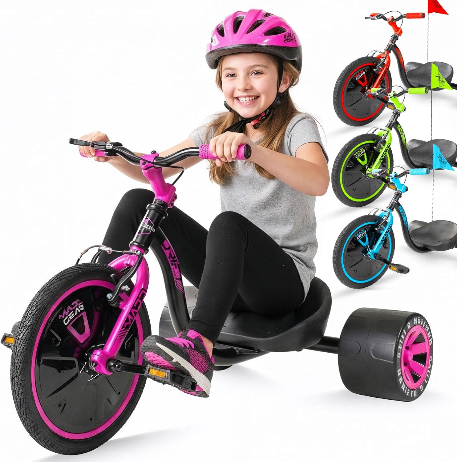 Drift Trike for Kids Ages 5+ – 16' Front Wheel Ride-On with Adjustable Seat, Steel Frame, Rear Slick Drift Wheels & Safety Flag – Madd Gear (Pink/Teal)