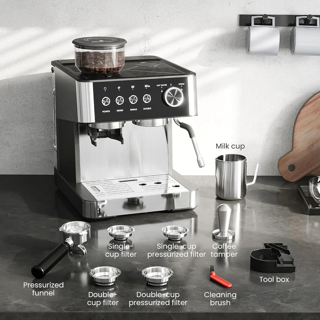 Kismile 15 Bar Espresso Machines with Grinder, Professional Espresso Maker with Removable Water Tank, Milk Frother Steam Wand for Latte&Cappuccino,Hot Water Function for Home