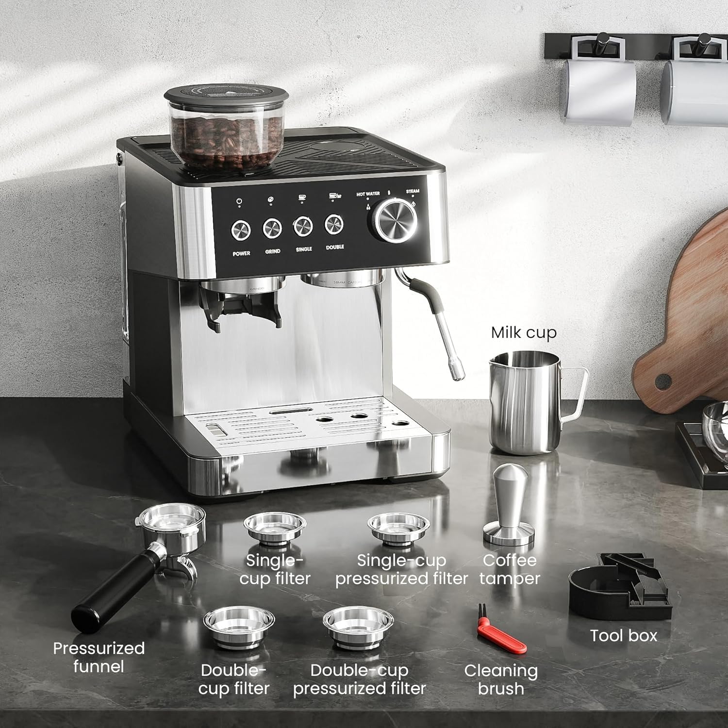 Kismile 15 Bar Espresso Machines with Grinder, Professional Espresso Maker with Removable Water Tank, Milk Frother Steam Wand for Latte&Cappuccino,Hot Water Function for Home