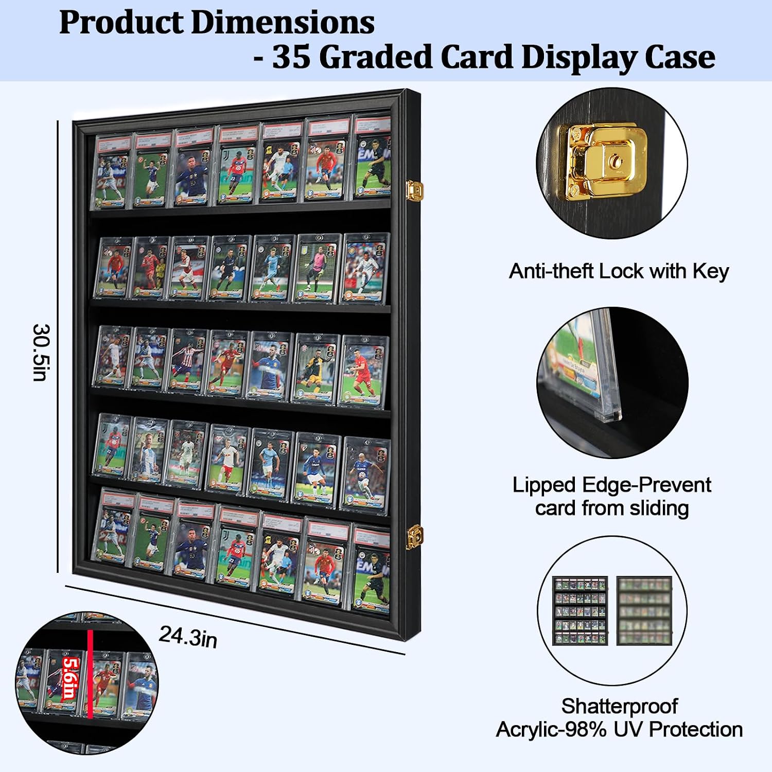 35 Graded Sports Card Display Case 3 Pack- Baseball Card Display Frame with UV Protection Clear View Lockable Wall Cabinet for Basketball Collectible Trading Card Black Finish