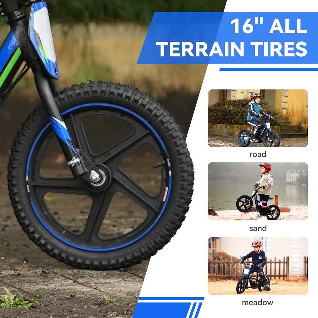 Lightweight Electric Dirt Bike for Kids, 340W Racing Electric Motorcycle, 24V Detachable Battery, Brushless Motor, Safe 3 Speed Modes, Mini Motocross Bike 16' Off Road Tires, Fit Age 5-12 Blue