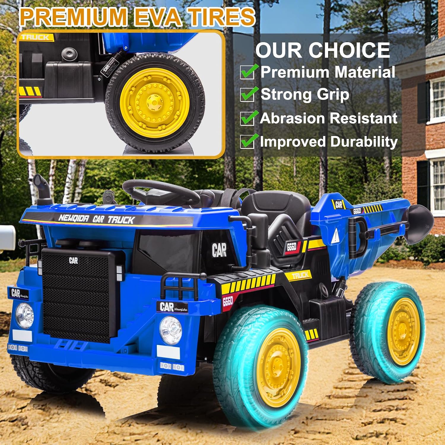 NEWQIDA 24V Ride on Dump Truck, Kids Electric Car with Remote Control, Ride on Construction Vehicles w/Electric Dump Bed, Shovel, 2x75W Powerful Motors, Up to 4.4Mph, EVA Tires, Soft Start, Blue