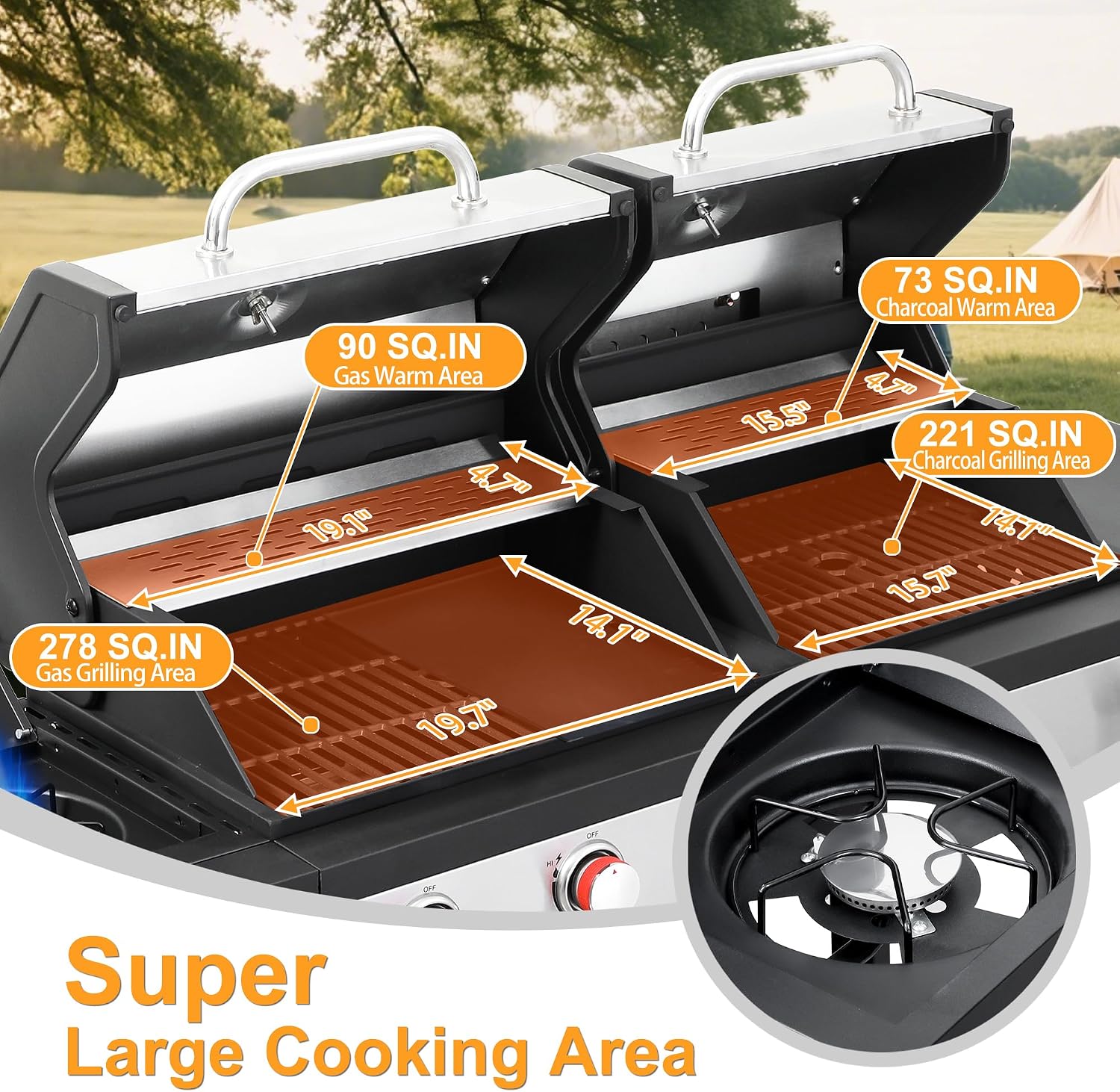 Charcoal and 3-Burner Propane Gas Combo Grill with Side Burner & Porcelain-enameled Cast Iron Grates, Dual Fuel BBQ Combo Grill for Outdoor Cooking