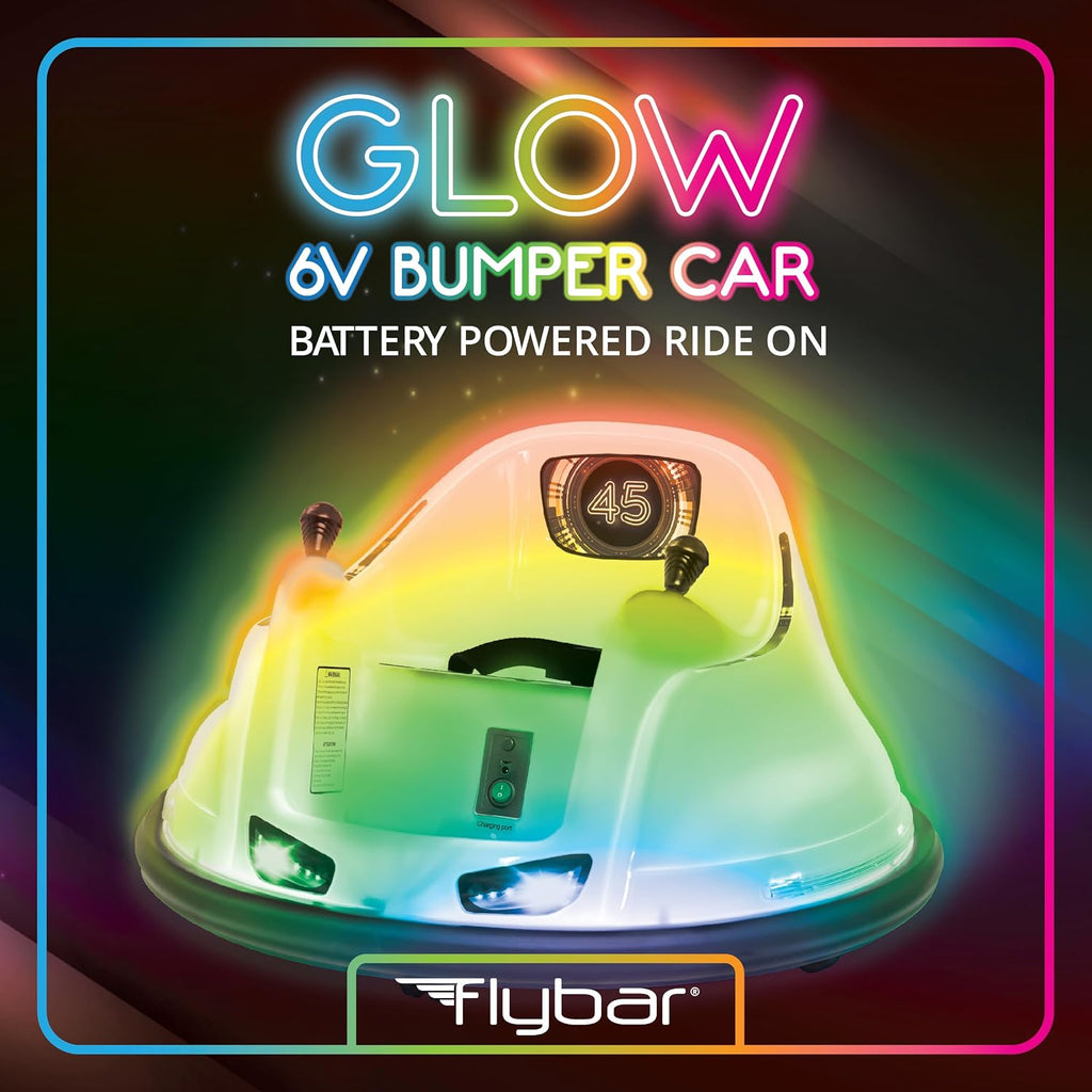 Flybar 6V White Glow Bumper Car for Kids – LED Ride-On Toy with 360° Spin, Rechargeable Battery, and Soft Rubber Bumpers – Safe Indoor Fun for Toddlers Ages 1.5+, Up to 66 lbs