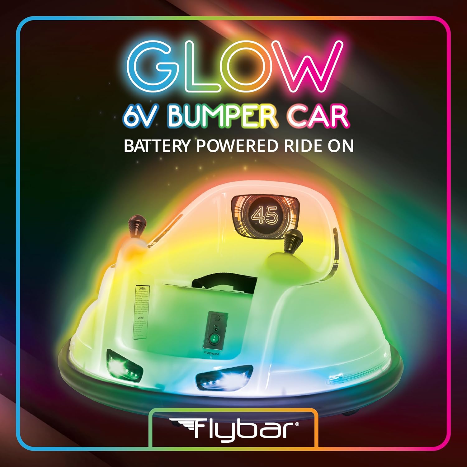 Flybar 6V White Glow Bumper Car for Kids – LED Ride-On Toy with 360° Spin, Rechargeable Battery, and Soft Rubber Bumpers – Safe Indoor Fun for Toddlers Ages 1.5+, Up to 66 lbs