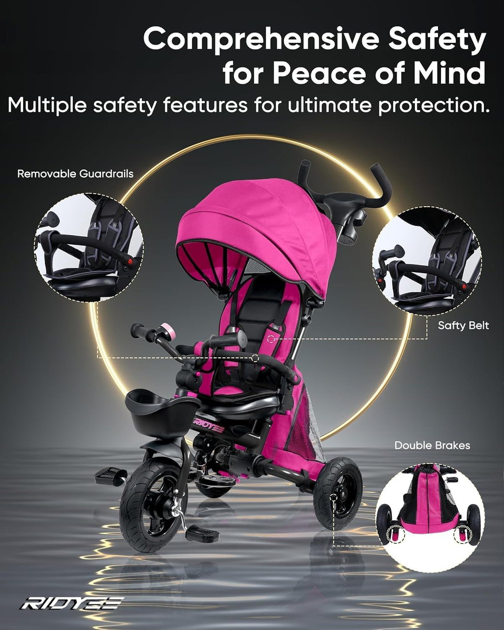 RIDYEE 7-in-1 Folding Toddler Tricycle for 18 Months to 5 Years, Tricycle Stroller with Dual Brakes, All-Terrian Rubber Tire, Tricycle for Toddlers with Rotatable Seat, Adjustable Push Handle, Pink