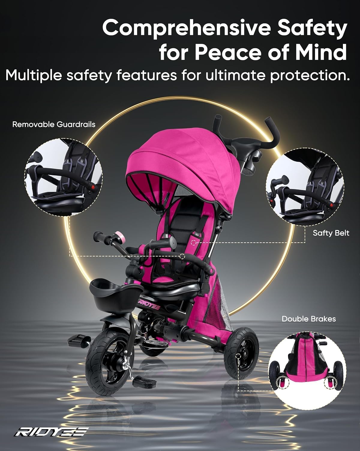 RIDYEE 7-in-1 Folding Toddler Tricycle for 18 Months to 5 Years, Tricycle Stroller with Dual Brakes, All-Terrian Rubber Tire, Tricycle for Toddlers with Rotatable Seat, Adjustable Push Handle, Pink