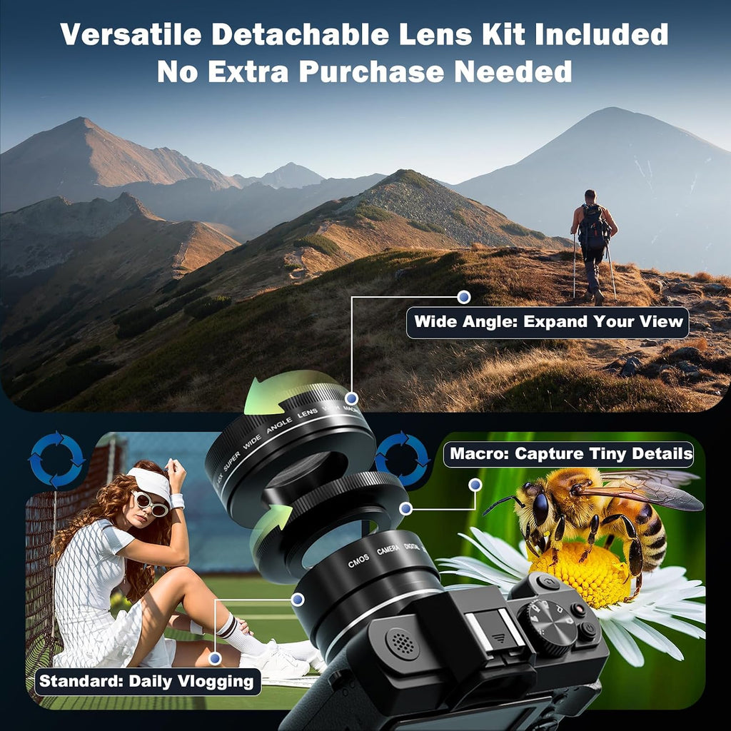 G-Anica 4K Vlogging Camera with Detachable Macro & Wide Lens Kit - WiFi & App Control, Supports Up to 48MP Photos, Compact Digital Cam for Beginners, 16X Zoom & Anti-Shake (32GB Card Included)