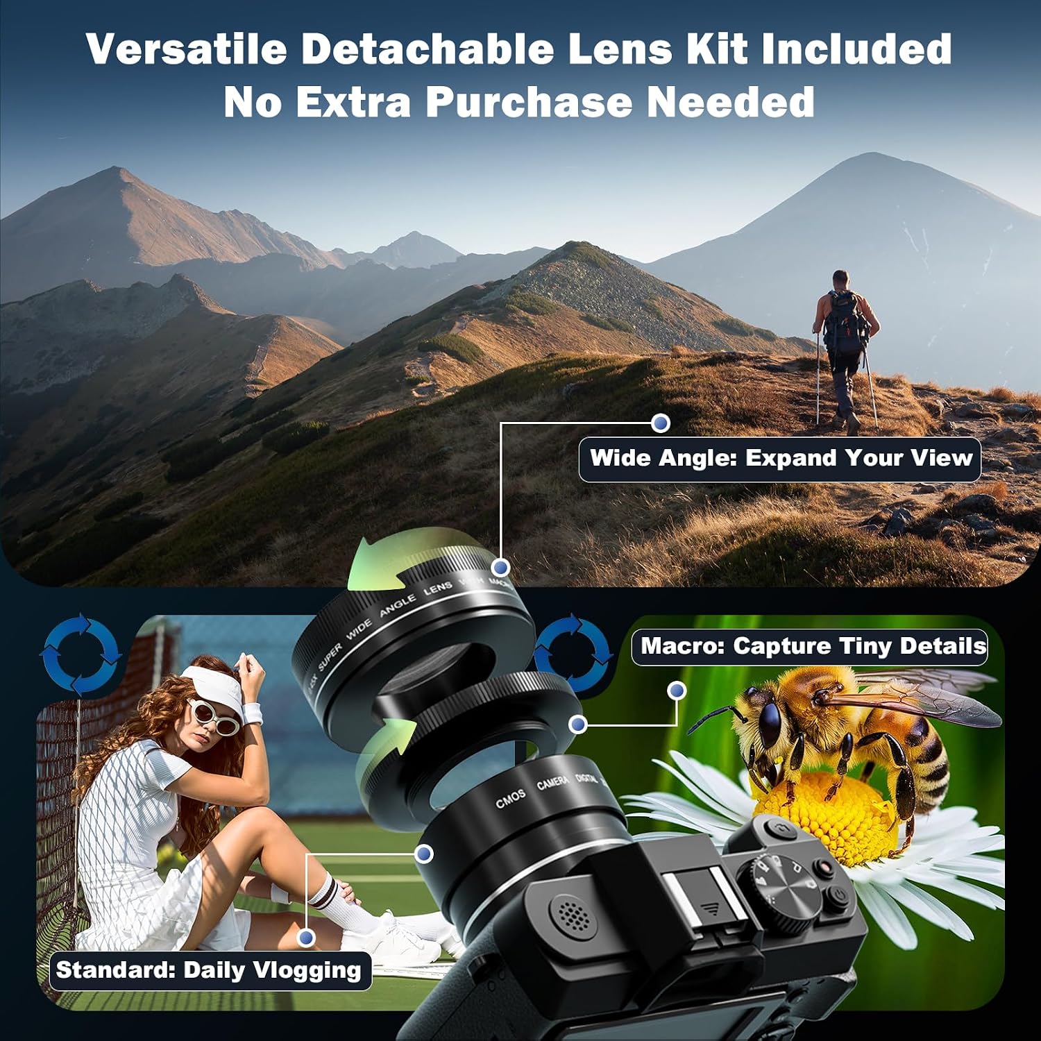 G-Anica 4K Vlogging Camera with Detachable Macro & Wide Lens Kit - WiFi & App Control, Supports Up to 48MP Photos, Compact Digital Cam for Beginners, 16X Zoom & Anti-Shake (32GB Card Included)